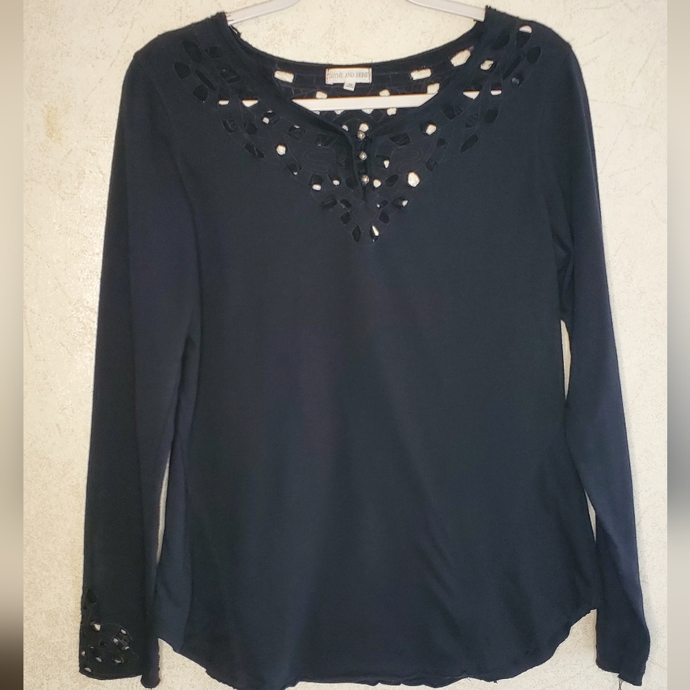 Thyme And Honey Anthropologie Black Embellished Cut Out Long Sleeve Blouse SizeM
